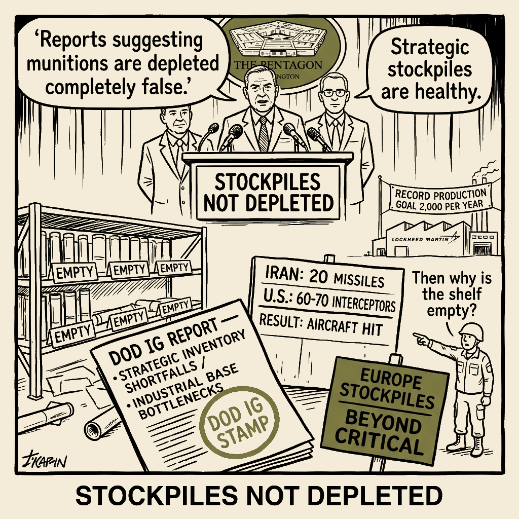 Unsigned MSI house political cartoon: STOCKPILES NOT DEPLETED