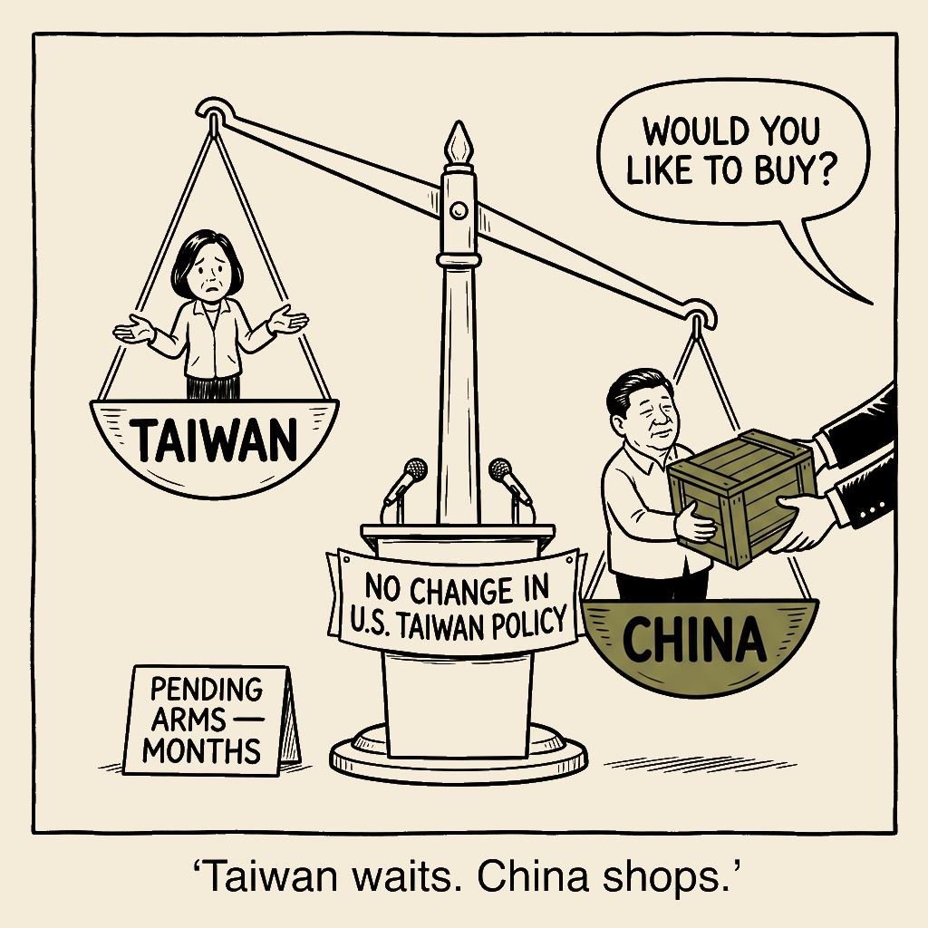 Unsigned MSI house political cartoon: Taiwan waits. China shops.