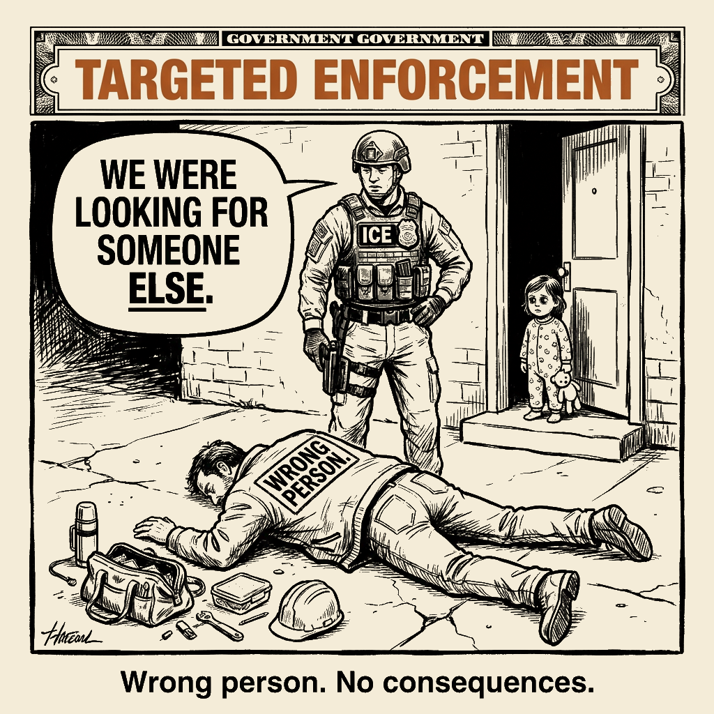 Unsigned MSI house political cartoon: Targeted Enforcement