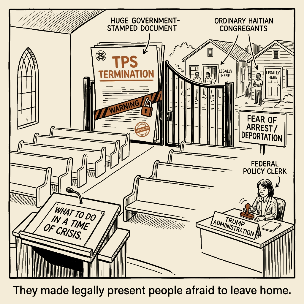 Unsigned MSI house political cartoon: The Church That Fear Emptied