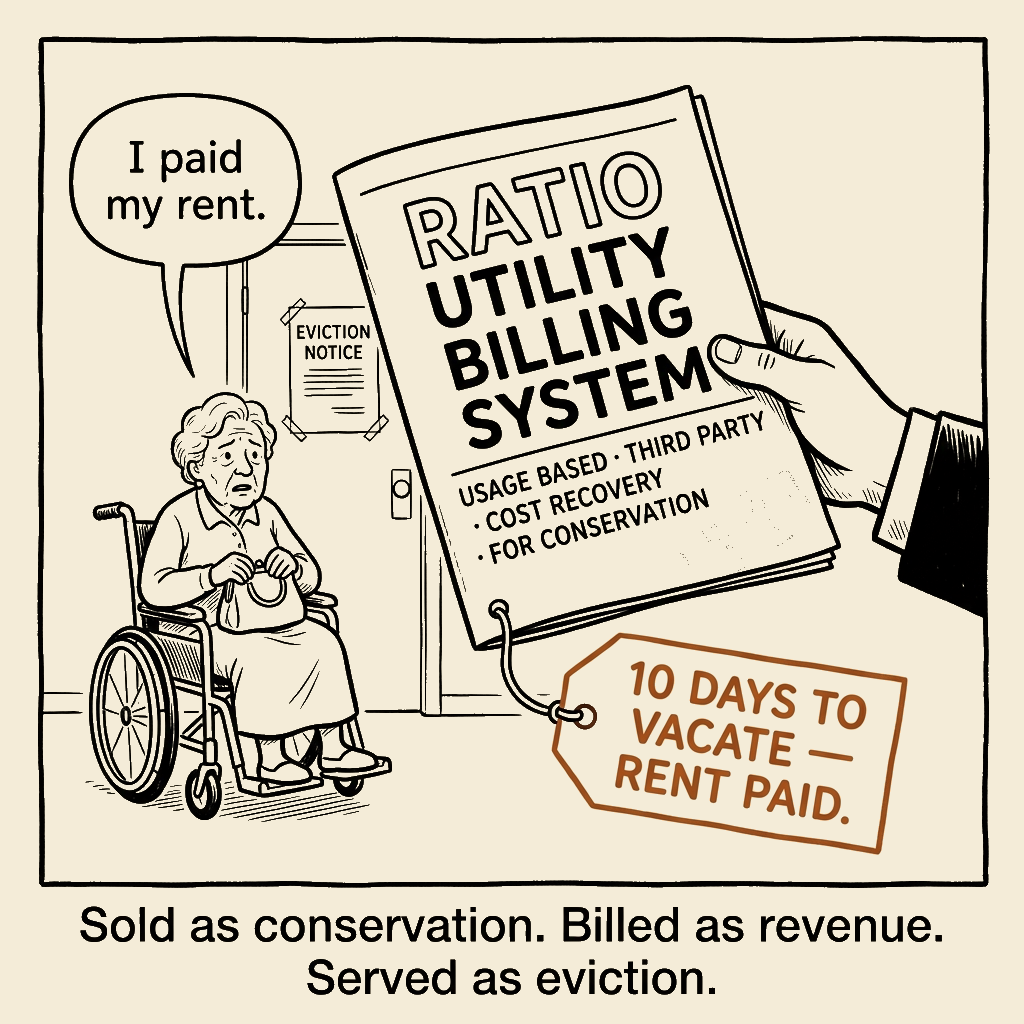 Unsigned MSI house political cartoon: The conservation pitch with an eviction notice attached