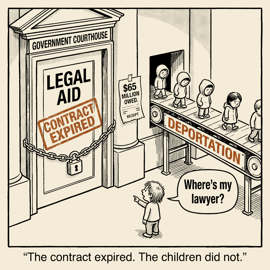 Unsigned MSI house political cartoon: The Contract Expired. The Children Did Not.