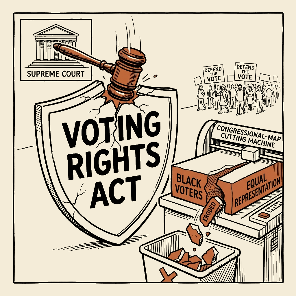 Unsigned MSI house political cartoon: The Court Cut the Shield