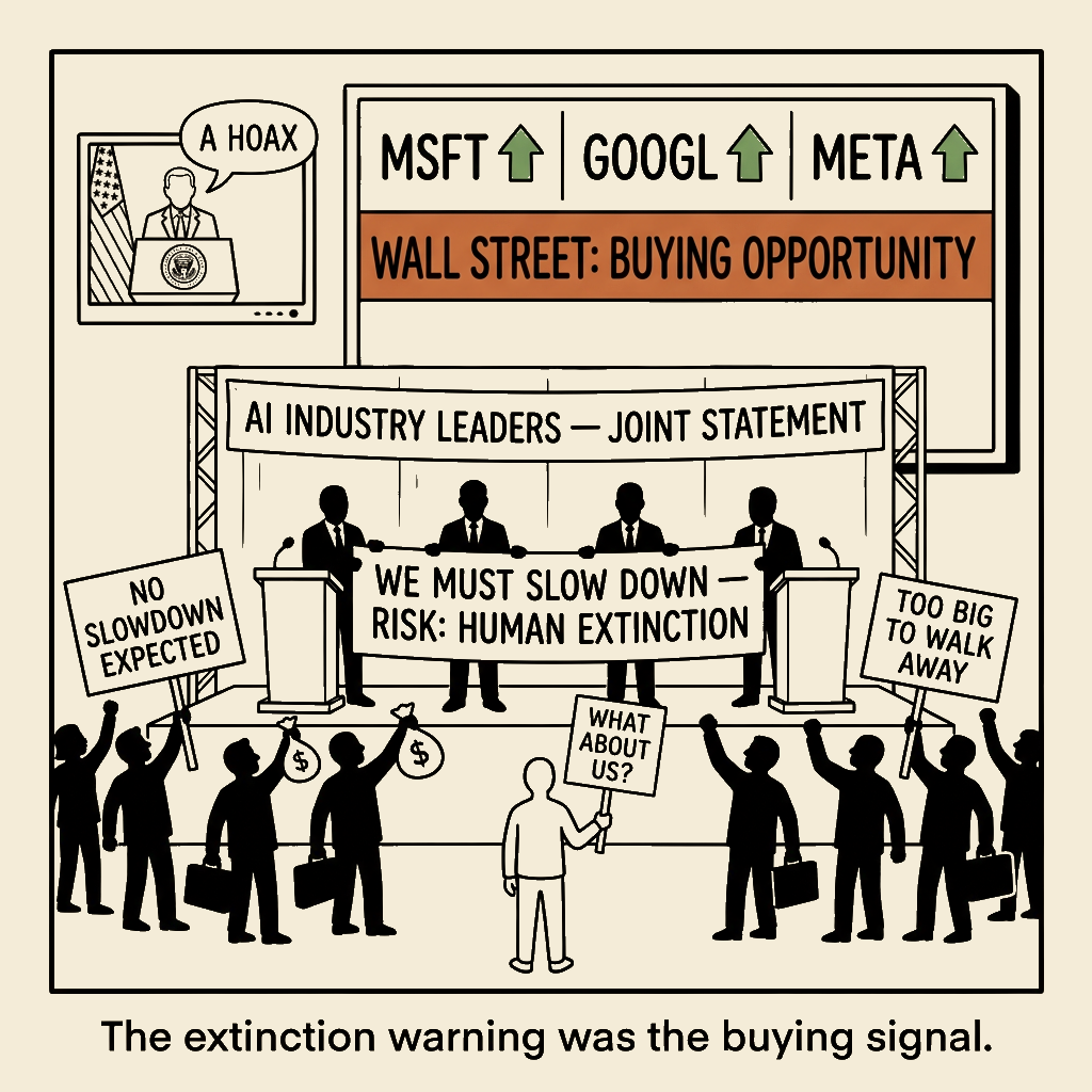 Unsigned MSI house political cartoon: The extinction warning was the buying signal