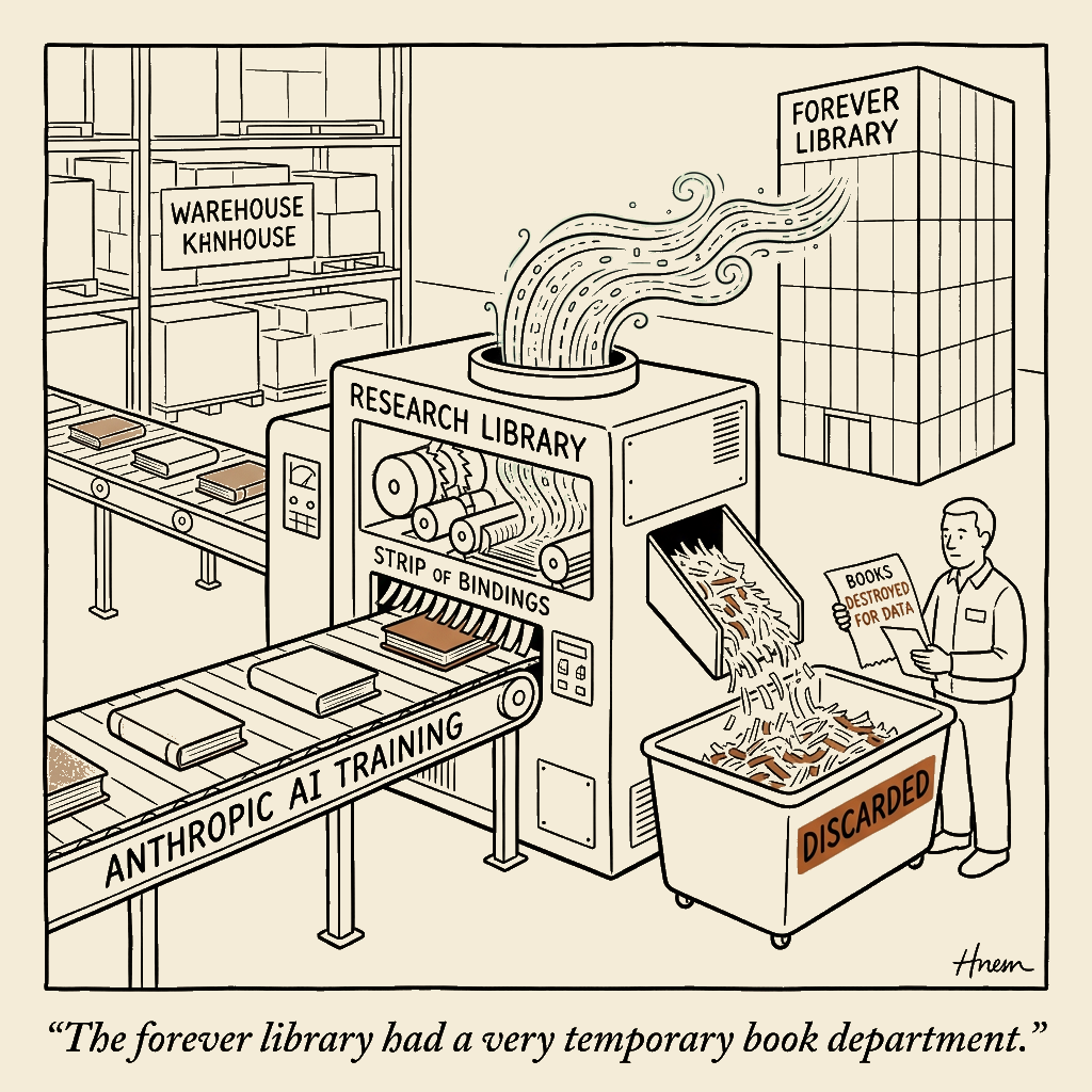 Unsigned MSI house political cartoon: The Forever Library