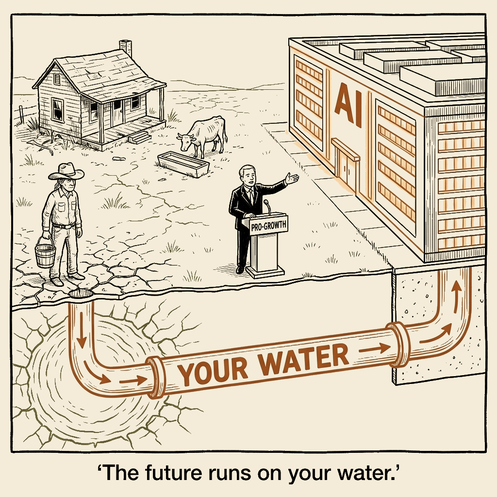 Unsigned MSI house political cartoon: The Future Runs on Your Water