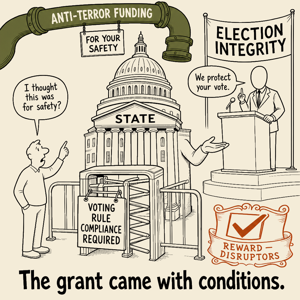 Unsigned MSI house political cartoon: The grant came with conditions