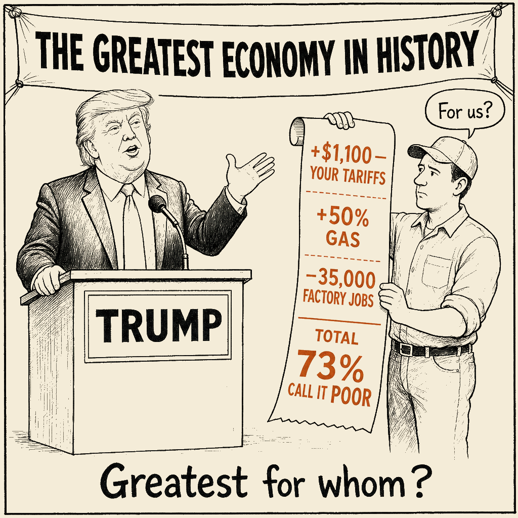 Unsigned MSI house political cartoon: The greatest economy in whose history?