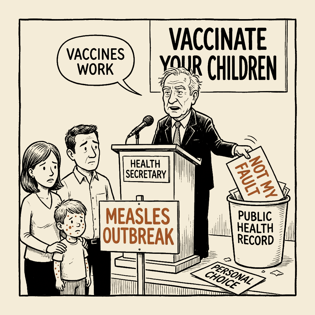 Unsigned MSI house political cartoon: The Health Secretary's Two Messages