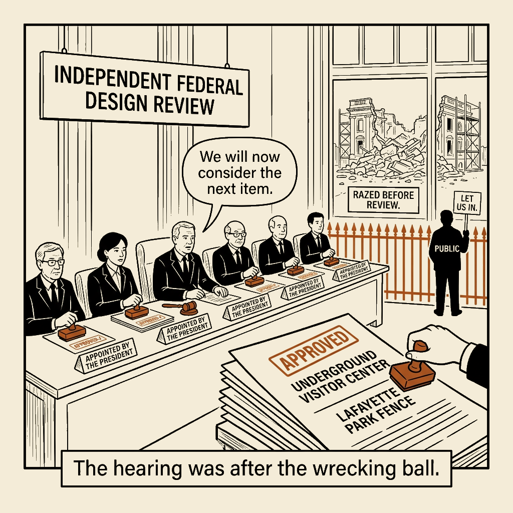 Unsigned MSI house political cartoon: The hearing was after the wrecking ball