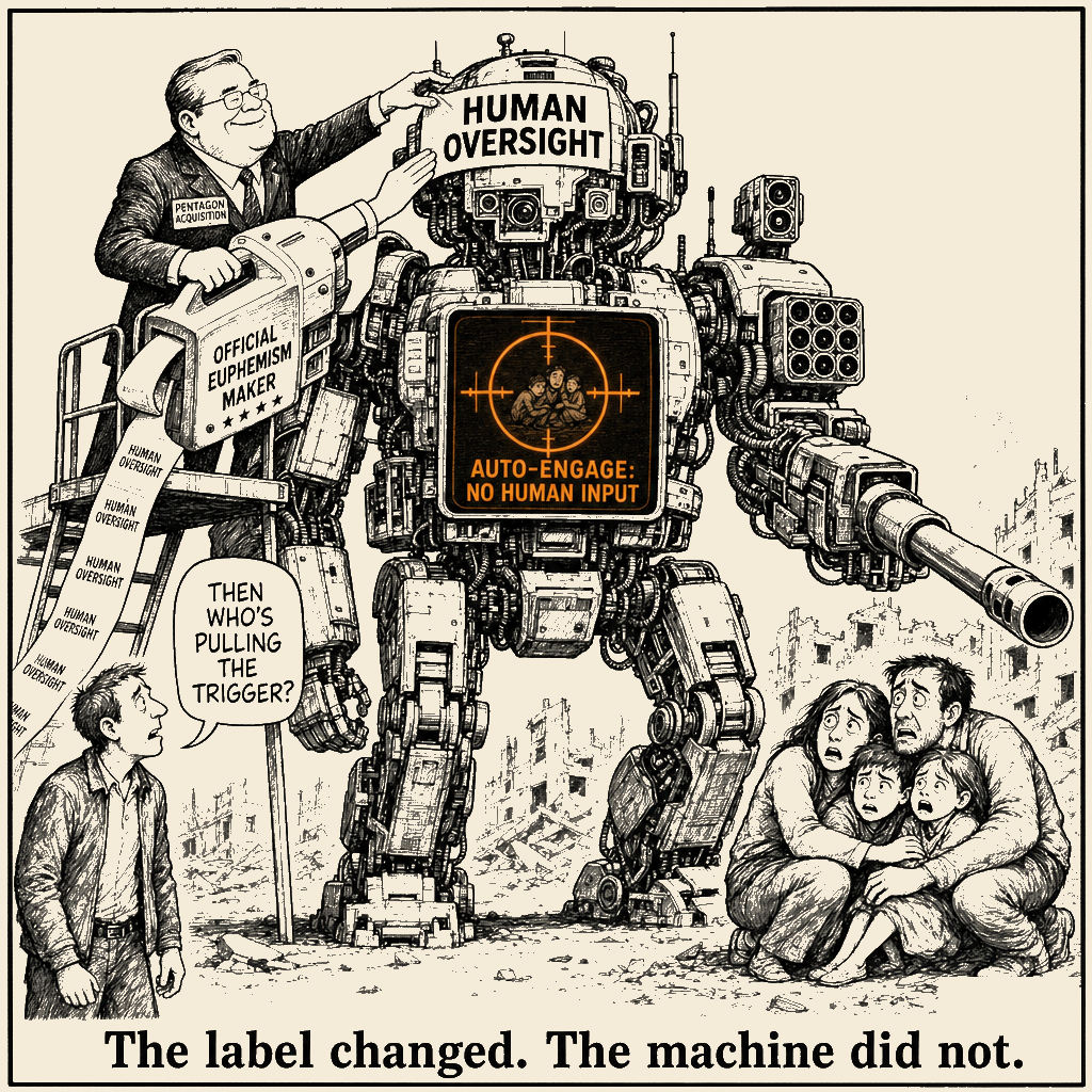 Unsigned MSI house political cartoon: The Human Is Always In The Loop