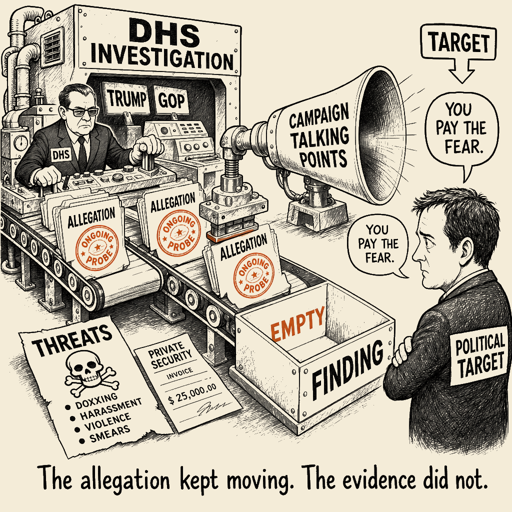 Unsigned MSI house political cartoon: The Investigation That Never Reaches a Verdict