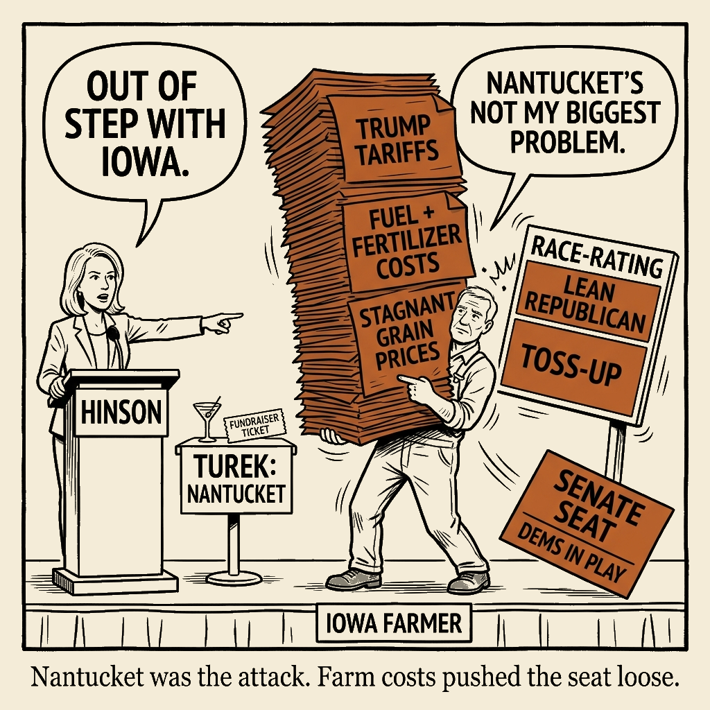Unsigned MSI house political cartoon: The Iowa farmer pays. Democrats get a shot at the seat.
