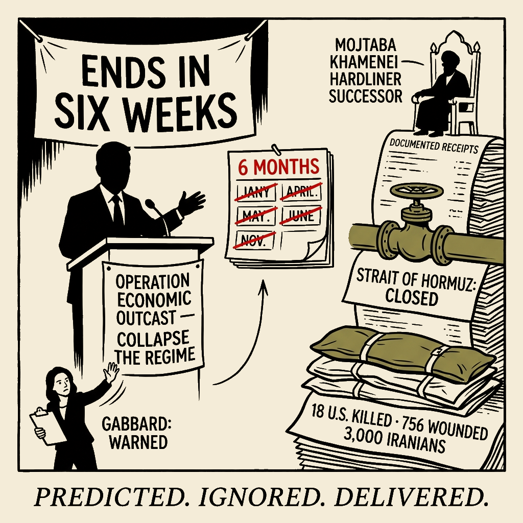 Unsigned MSI house political cartoon: The Iran War, Six Weeks In: A Receipt