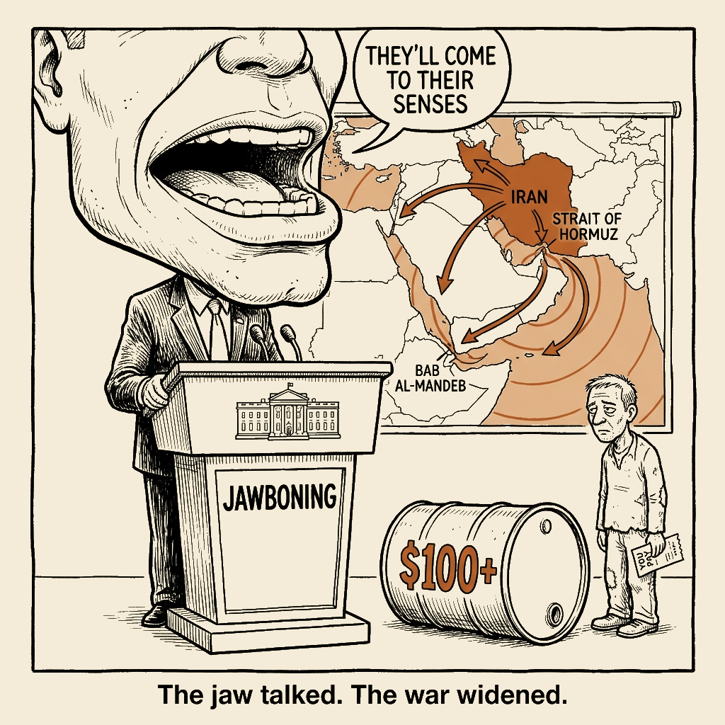 Unsigned MSI house political cartoon: The Jaw Talked. The War Widened.