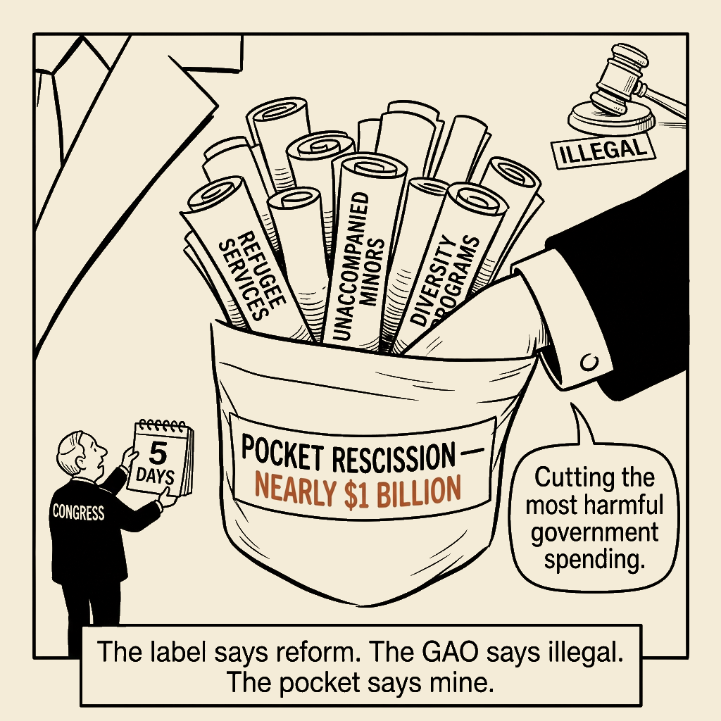 Unsigned MSI house political cartoon: The label says reform. The pocket says theft.