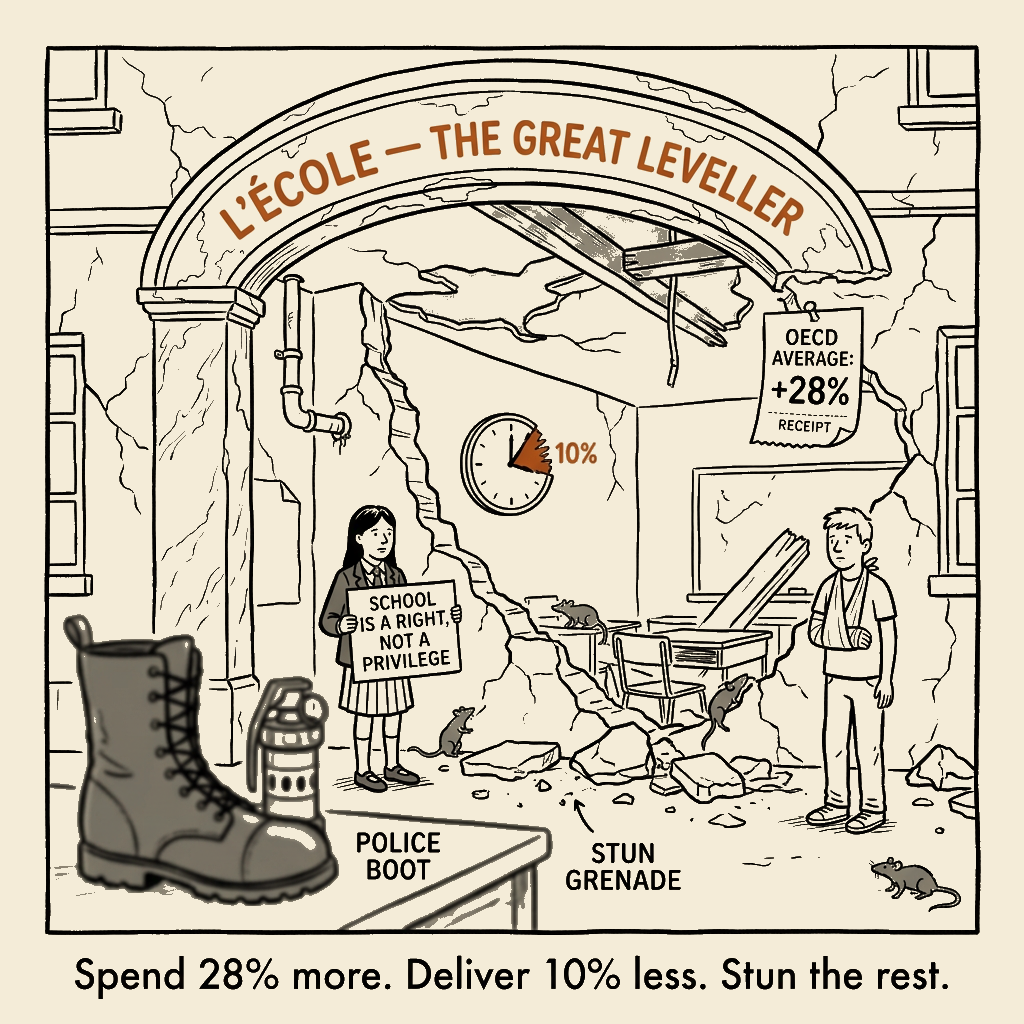 Unsigned MSI house political cartoon: The Leveller Is the Rubble