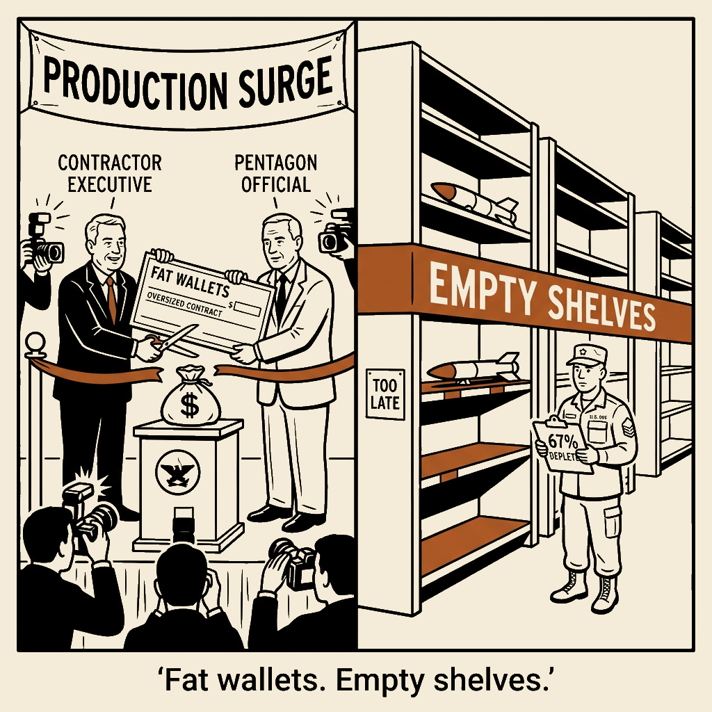 Unsigned MSI house political cartoon: The Production Surge