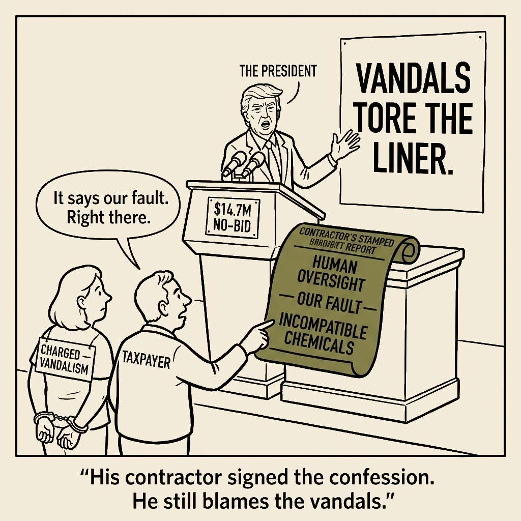 Unsigned MSI house political cartoon: The Receipt Said "Our Fault." The Podium Said "Vandals."