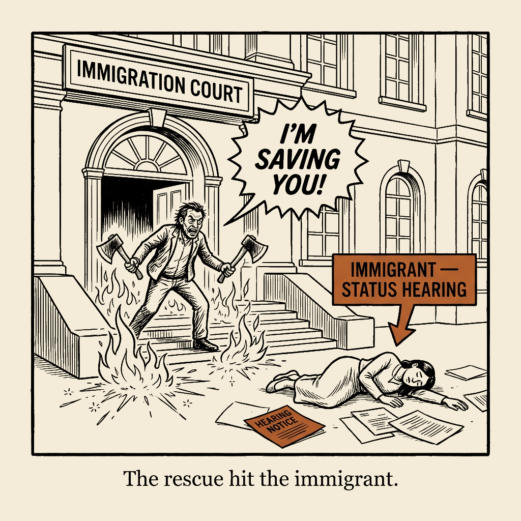 Unsigned MSI house political cartoon: The Rescue Hit the Immigrant