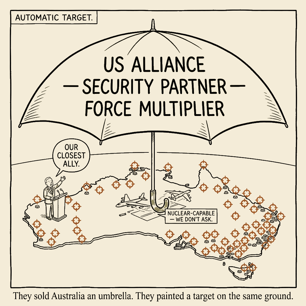 Unsigned MSI house political cartoon: The Security Umbrella