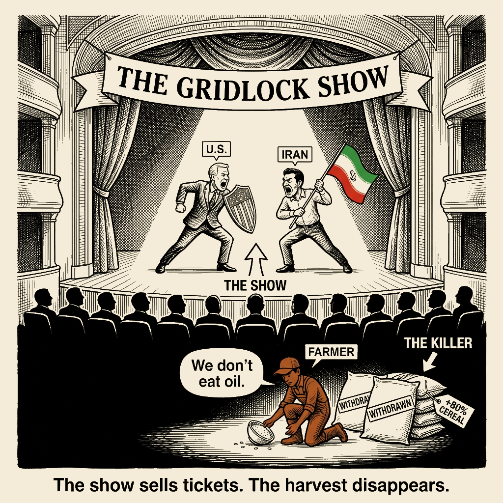 Unsigned MSI house political cartoon: The Show Must Go On. The Harvest Doesn't.