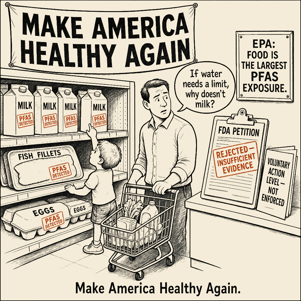 Unsigned MSI house political cartoon: The slogan was healthy. The shelf said forever.