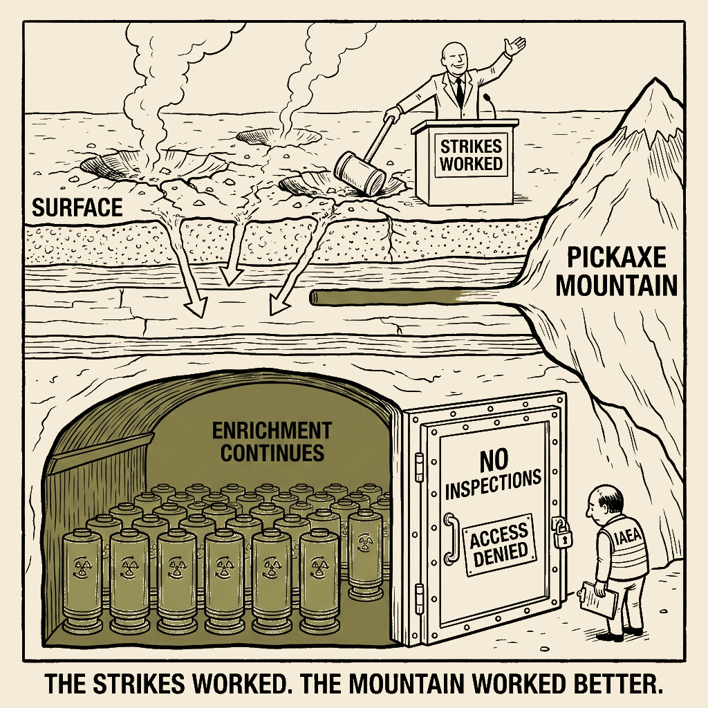 Unsigned MSI house political cartoon: The Strikes Worked. The Mountain Worked Better.