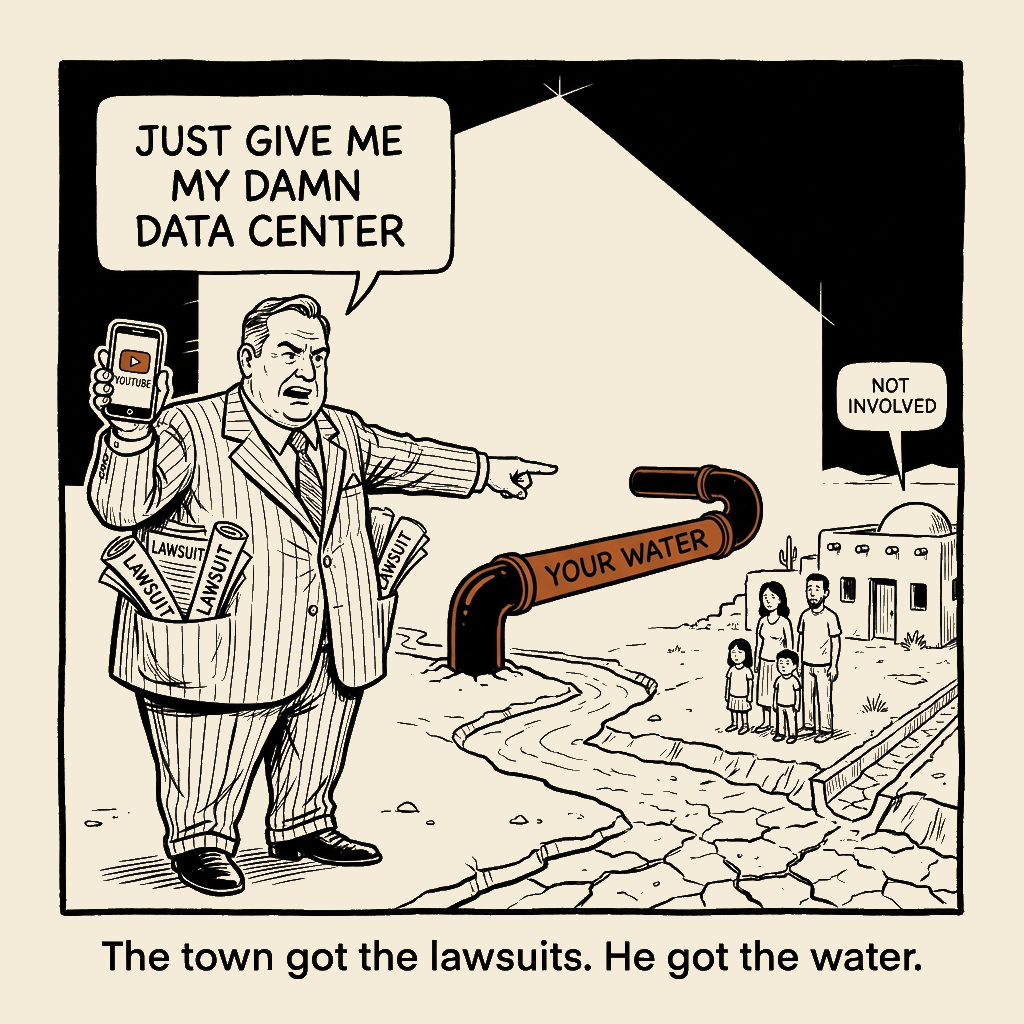 Unsigned MSI house political cartoon: The Town Got the Lawsuits