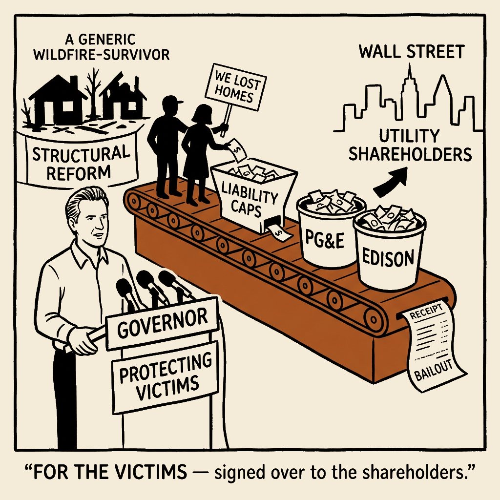 Unsigned MSI house political cartoon: The 'victim protection' that bailed out the arsonists' shareholders