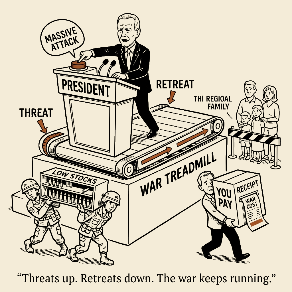 Unsigned MSI house political cartoon: The War Treadmill