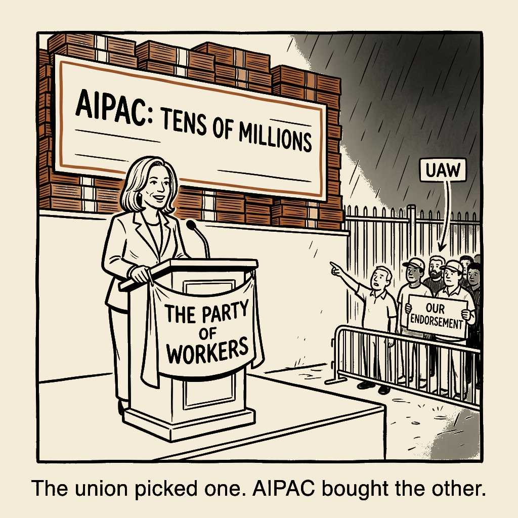 Unsigned MSI house political cartoon: The Workers' Party — Brought to You by AIPAC