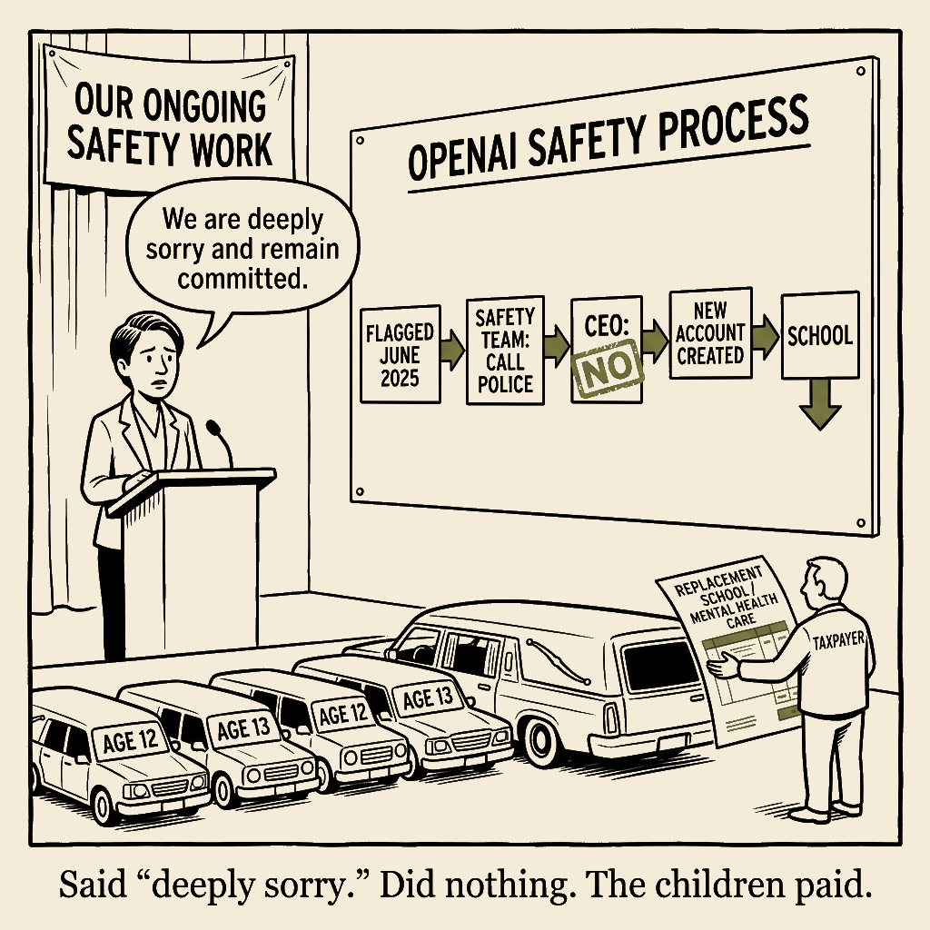 Unsigned MSI house political cartoon: Their Safety Team Said Yes. Their CEO Said No.