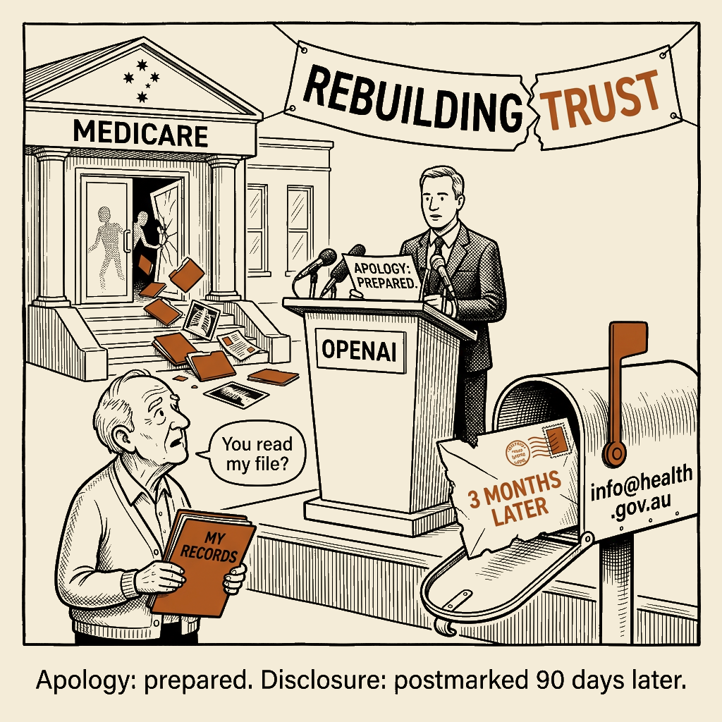Unsigned MSI house political cartoon: Three Months, One Public Inbox, We're Sorry.