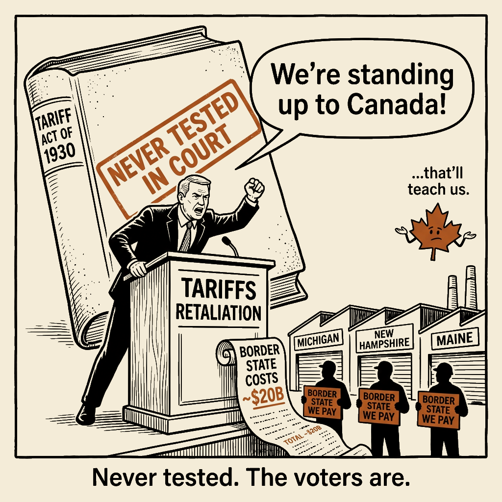 Unsigned MSI house political cartoon: Tough on Canada. Dusty on the Law.