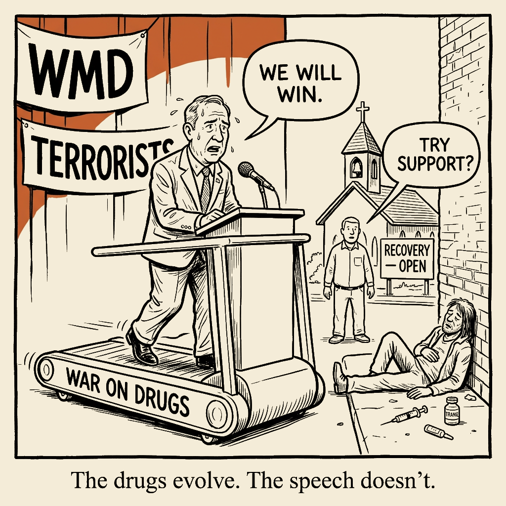 Unsigned MSI house political cartoon: Treadmill War