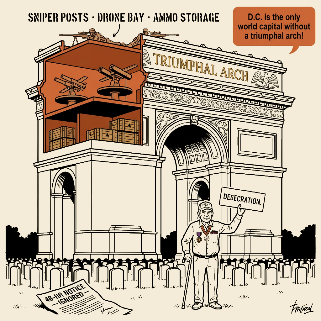 Unsigned MSI house political cartoon: Triumphal Arch / Sniper Post