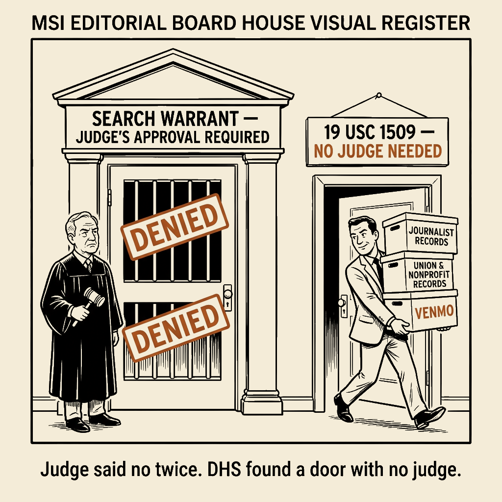 Unsigned MSI house political cartoon: Two 'No's. One Back Door.