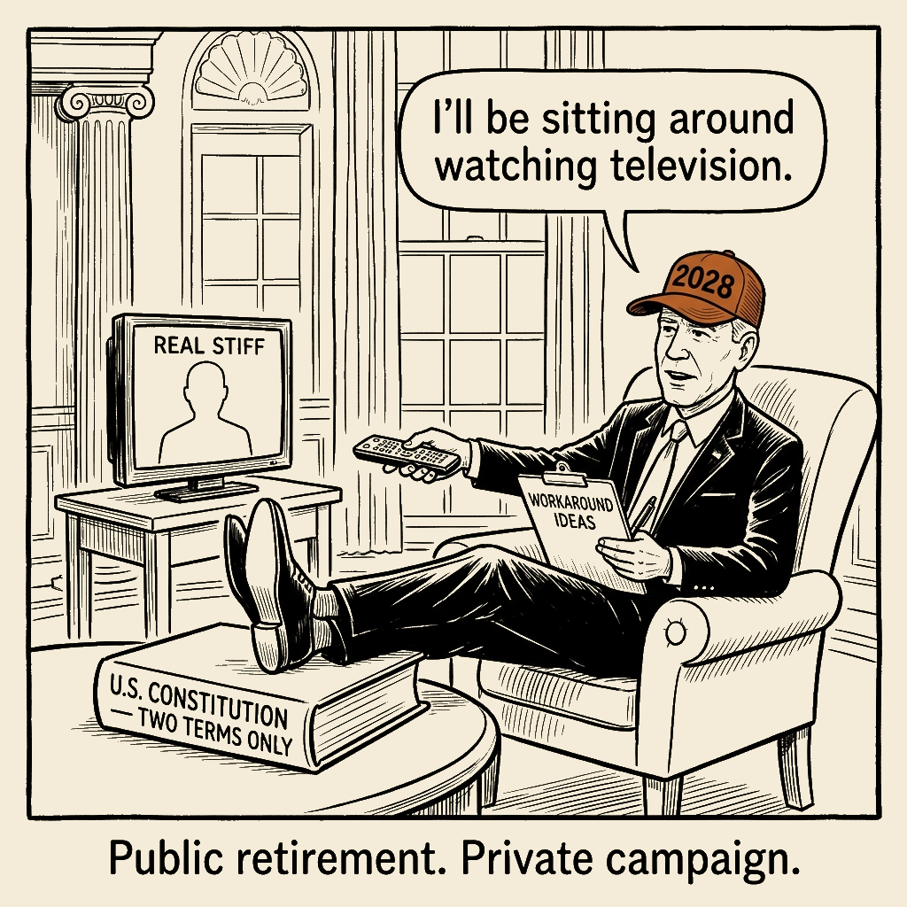 Unsigned MSI house political cartoon: Two retirement plans