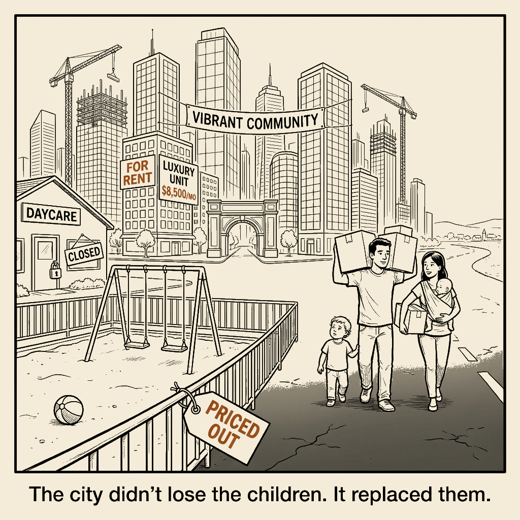 Unsigned MSI house political cartoon: Vibrant City, No Children Included