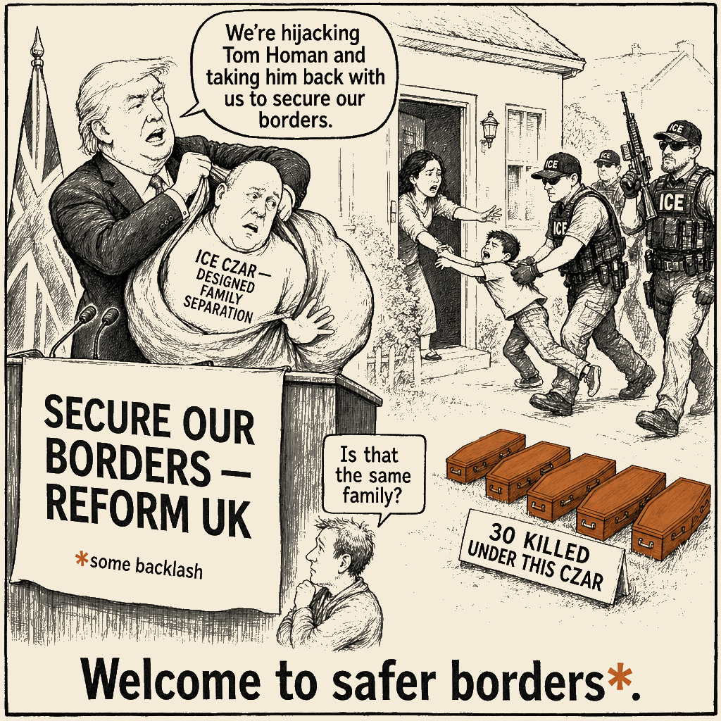 Unsigned MSI house political cartoon: Welcome to safer borders*