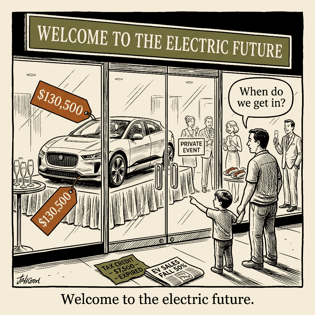 Unsigned MSI house political cartoon: Welcome to the electric future.