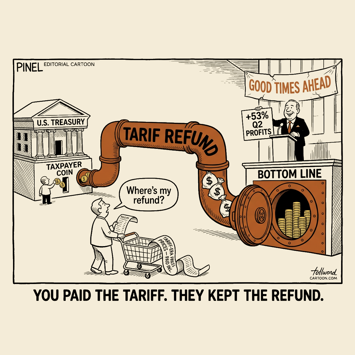 Unsigned MSI house political cartoon: Where the Refund Went