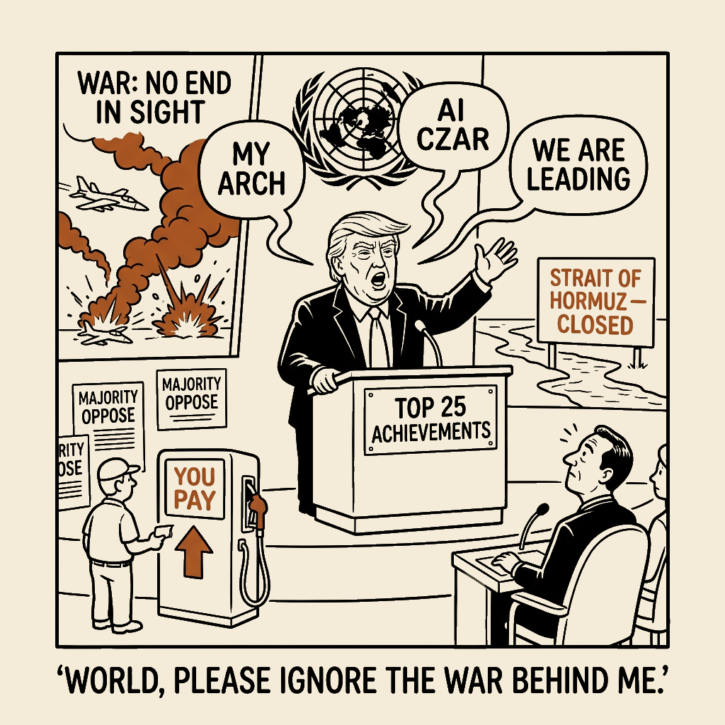Unsigned MSI house political cartoon: World, please ignore the war behind me.