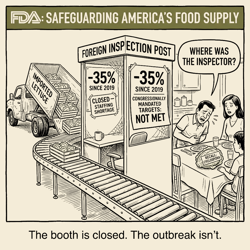 Unsigned MSI house political cartoon: Your food is safe. The inspector called out sick.