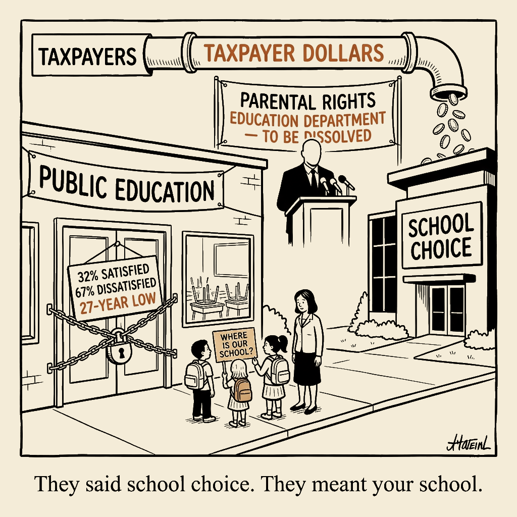 Unsigned MSI house political cartoon: Your school closed. Their choice is funded.