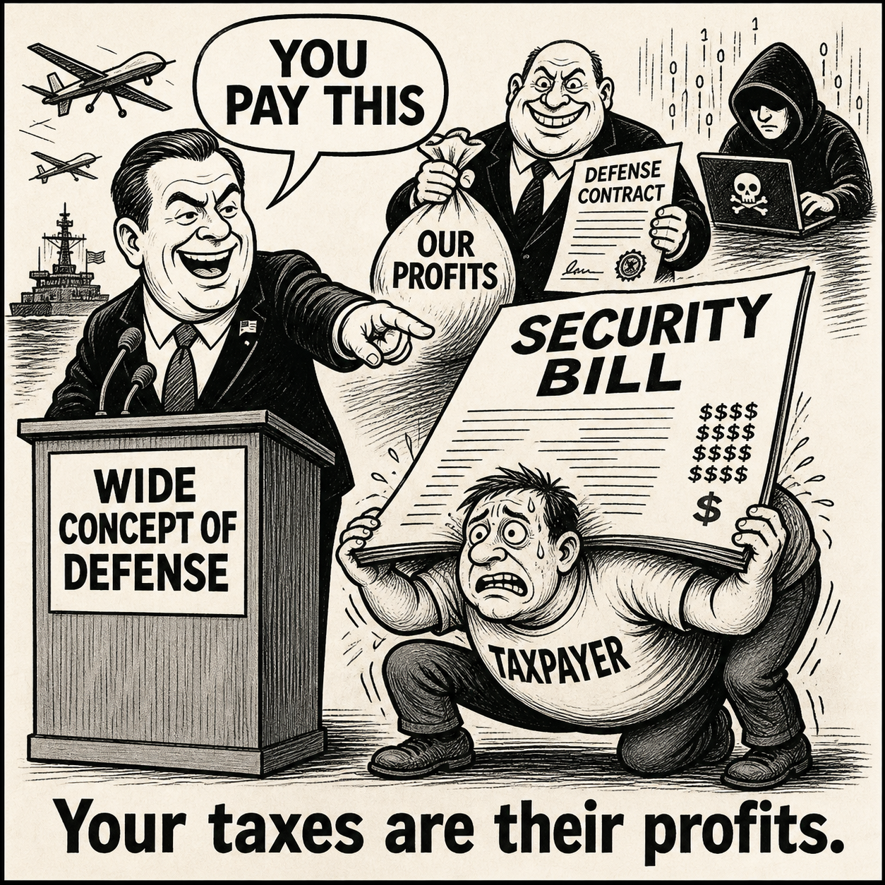 Unsigned MSI house political cartoon: Your Taxes Are Their Profits