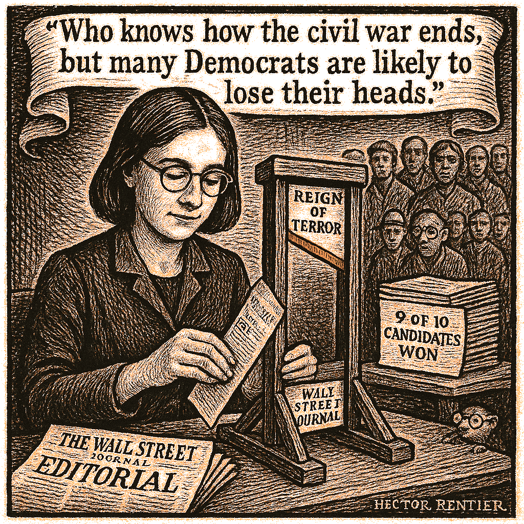 Editorial cartoon by Hector Rentier: How the WSJ Built a Guillotine and a Betrayal from a Brooklyn Primary