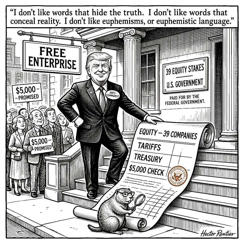 Editorial cartoon by Hector Rentier: I Defeat Communism by Owning 39 Companies and Giving Every Adult $5,000 — Beautiful 4D…