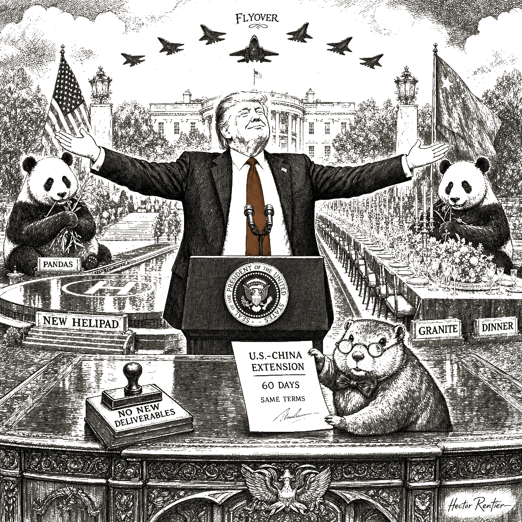 Editorial cartoon by Hector Rentier: I just bought myself two months with Xi, and trust me, folks, the real winning starts…